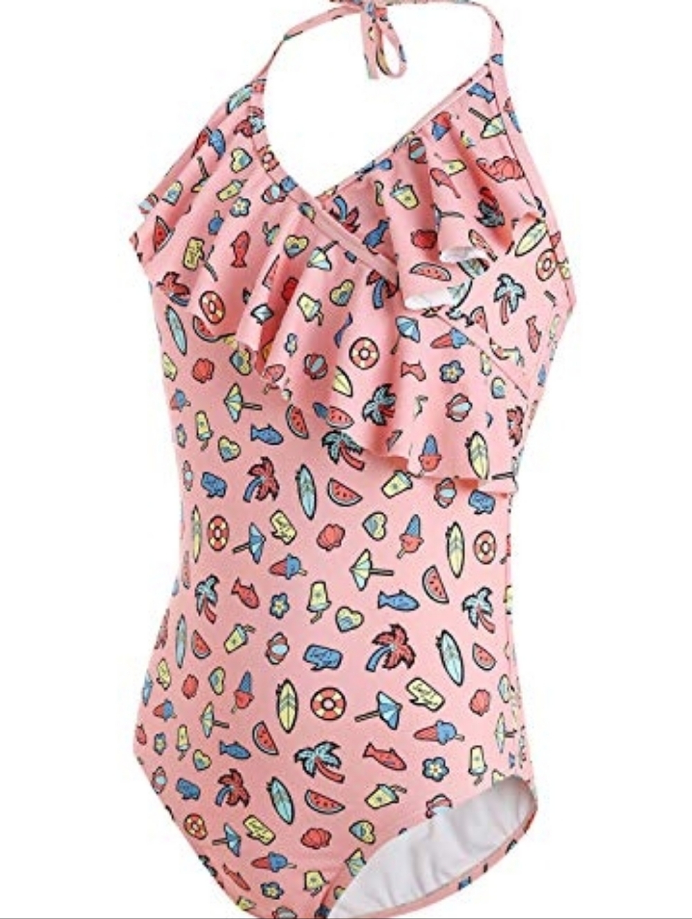 AS ROSE RICH Girls' Pink Halter Tie Ruffle One-Piece Summer Print Swimsuit SZ 8